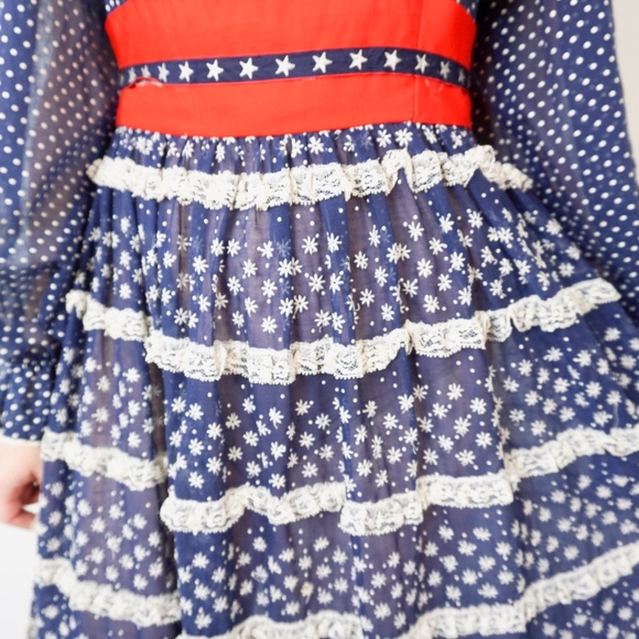 Vintage Americana Lace Peasant Maxi Dress Blue Red - Picture 8 of 8